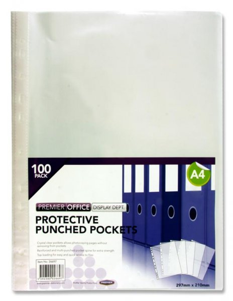 PREMIER OFFICE PKT.100 A4 PUNCHED POCKETS