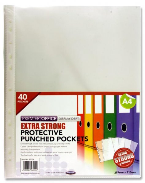 PREMIER OFFICE PKT.40 A4 EXTRA STRONG PUNCHED POCKETS