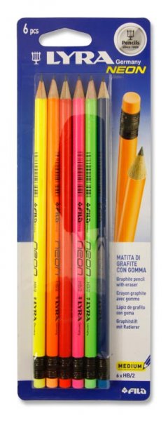 LYRA NEON CARD 6 RUBBER TIPPED HB PENCILS