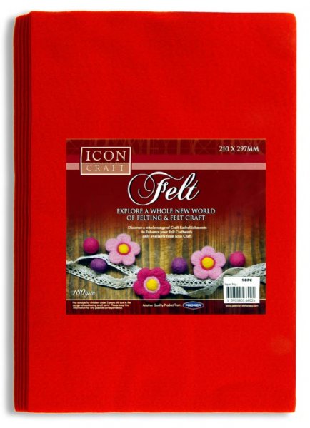 ICON CRAFT PKT.10 A4 FELT SHEETS - RED