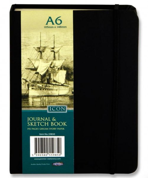 Icon A6 192pg Black Journal & Sketch Book W/elastic