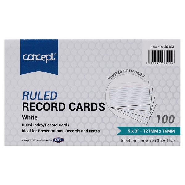 Concept Pkt.100 5"x3" Ruled Record Cards - White