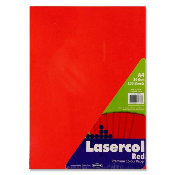 Lasercol A4 80gsm Colour Paper 100 Sheets - Red