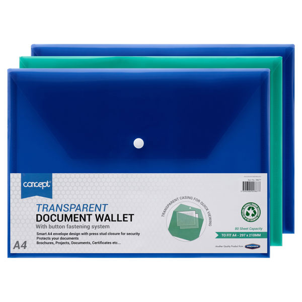 A4 Button Wallet Envelope Clear - 3 Asst