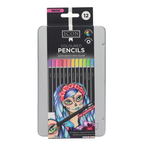 Icon Tin Box 12 Colouring Pencils - Neon