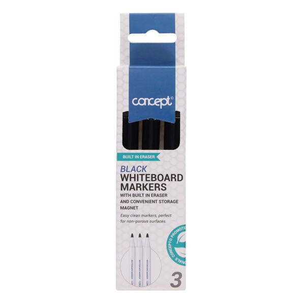 Concept Card 3 Drywipe Markers With Eraser Lid - Black