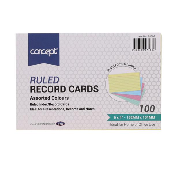 PREMIER OFFICE PKT.100 6"x4" RULED RECORD CARDS - COLOUR