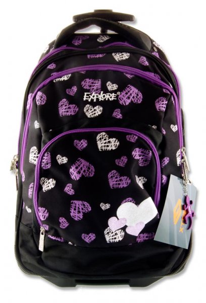 EXPLORE TROLLEY BACKPACK - PURPLE & WHITE HEARTS IN BLACK